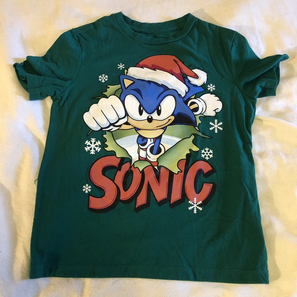 Christmas Kids Shirt Sonic The Hedgehog Kids T-Shirt Sz M Green W/Blue Hedgehog